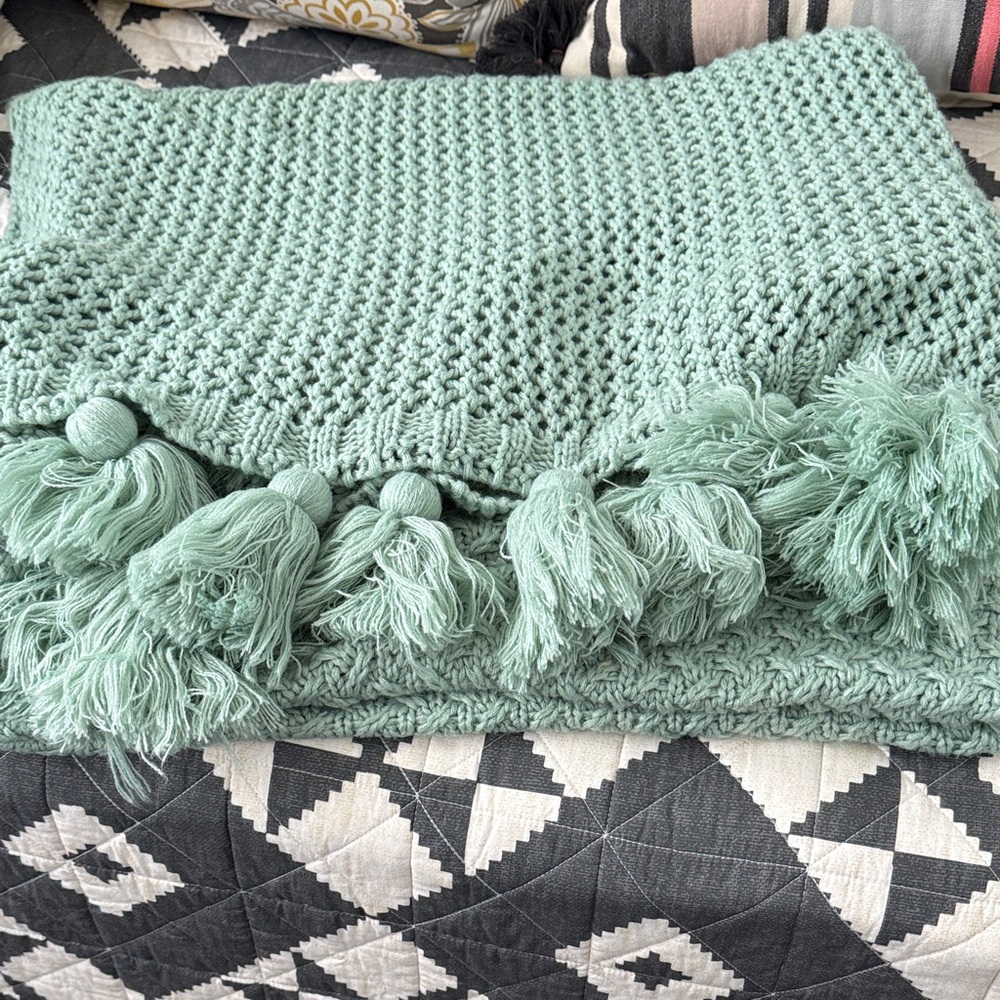 Sage Green Tassel Knit Throw Blanket